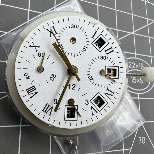 Automatic chronograph watch with ETA 7750 movement, black calendar at 4:30, and seconds subdial at 9.