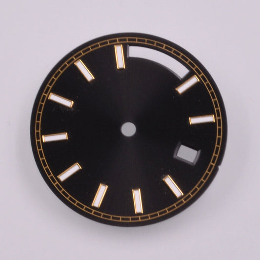 Green lume black watch dial with golden trim, 28.5mm for Seagull ST1644 movement, stylish accessory.