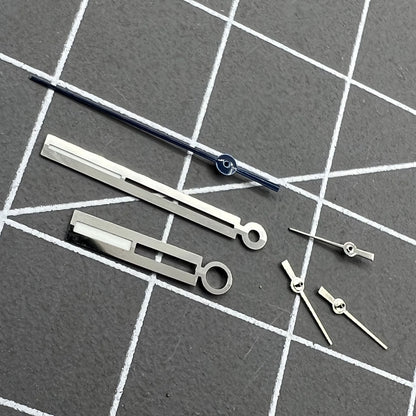 Luminous silver watch hands for Ronda 5021D quartz movement, enhancing readability in low light.