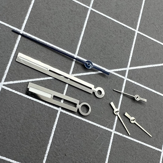 Luminous silver watch hands for Ronda 5021D quartz movement, enhancing readability in low light.