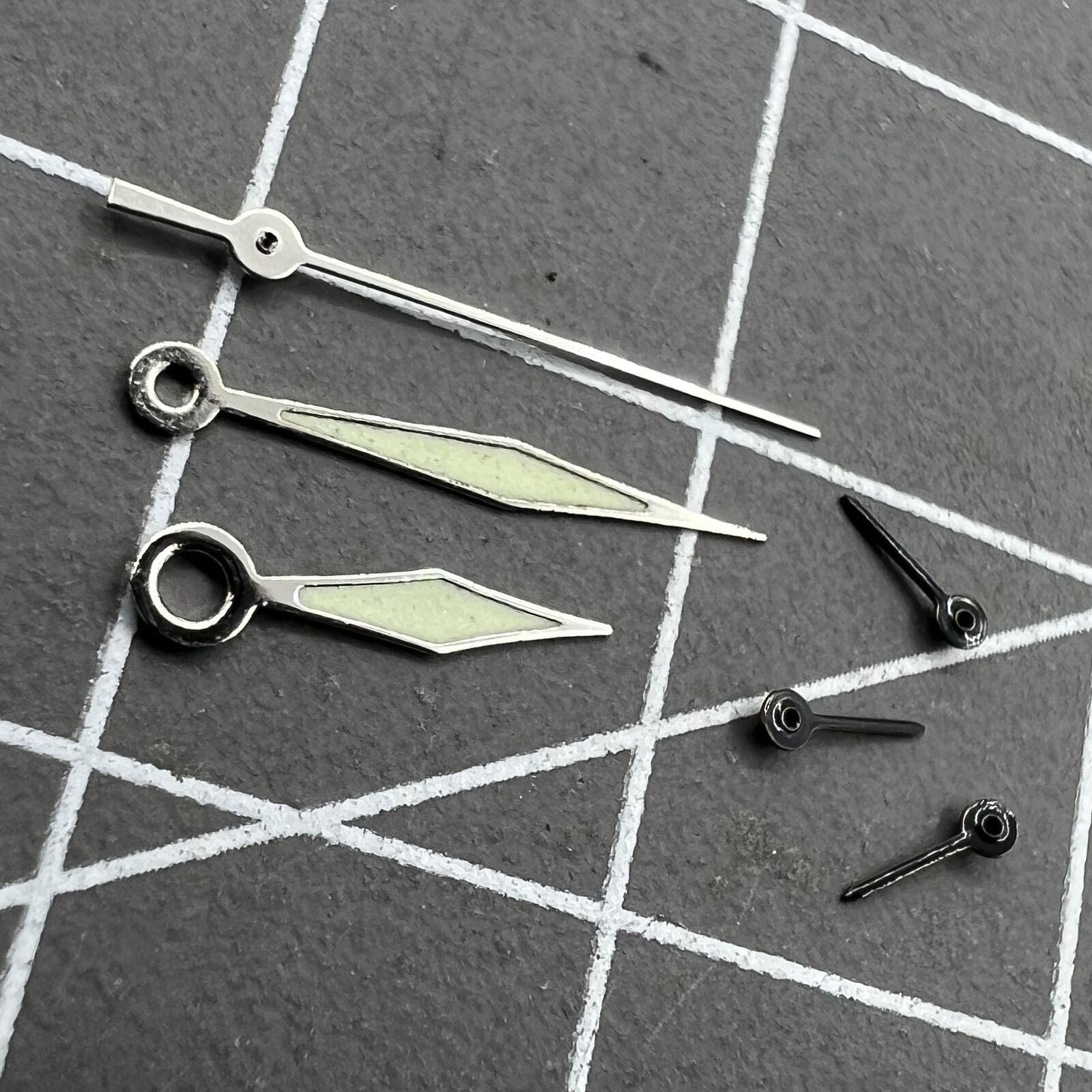 Diamond-shaped green lume watch hands for Miyota OS60 movement, precise timekeeping.