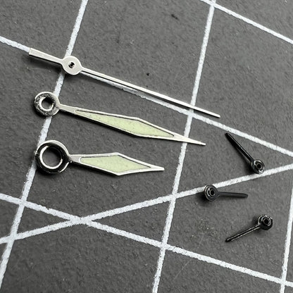 Diamond-shaped green lume watch hands for Miyota OS60 movement, precise timekeeping.