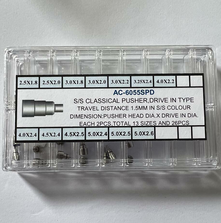 Set of 26 classical stainless steel chronograph watch pushers, screw-in type for precise button replacement.