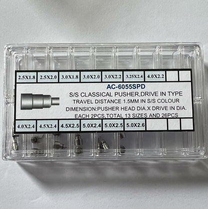 Set of 26 classical stainless steel chronograph watch pushers, screw-in type for precise button replacement.