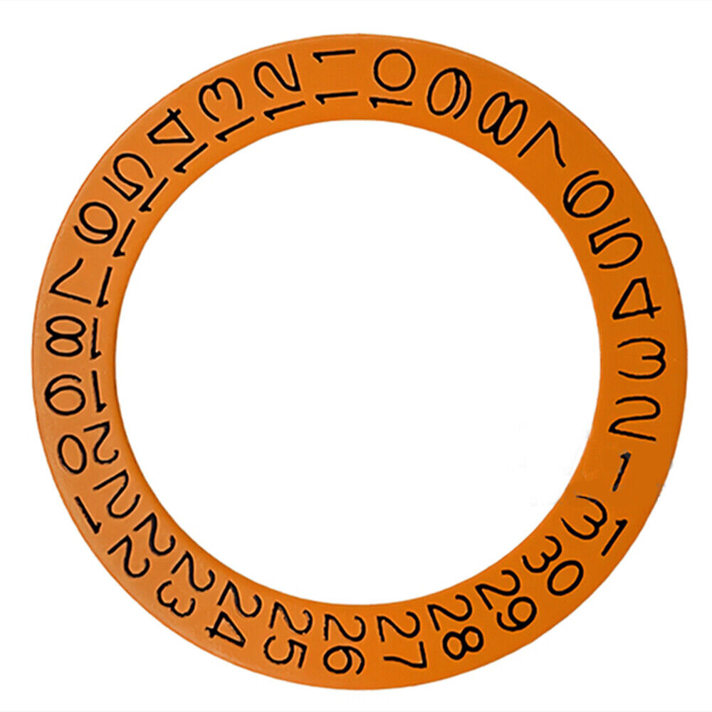 Orange background date disk wheel overlay for NH35 NH36 movement, date display at 3 o'clock position.