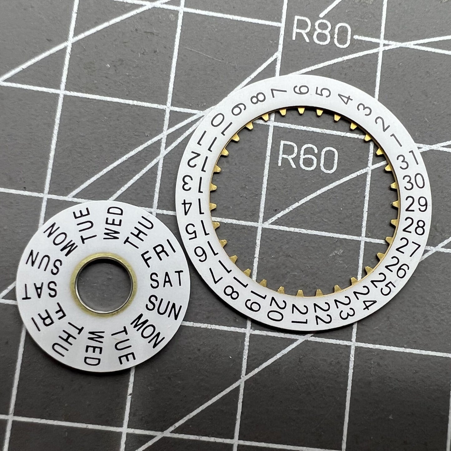 Pilot white date disk and week wheel by Generic for ETA 7750 watch movement, precise calendar parts.
