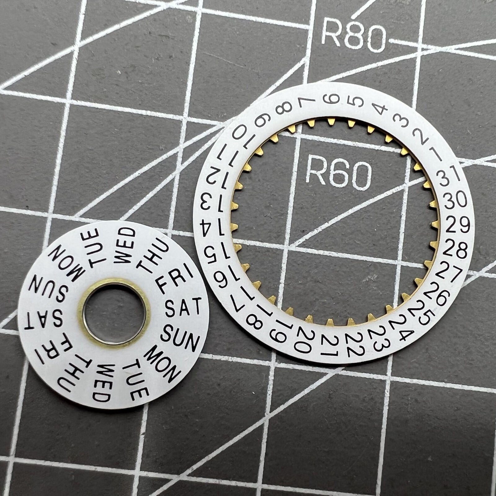 Pilot white date disk and week wheel by Generic for ETA 7750 watch movement, precise calendar parts.