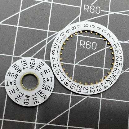 Pilot white date disk and week wheel by Generic for ETA 7750 watch movement, precise calendar parts.