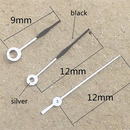 Aiguilles de montre 12 mm en forme de flèche argentée et noire, sans luminescence, pour mouvement Miyota 1M12
