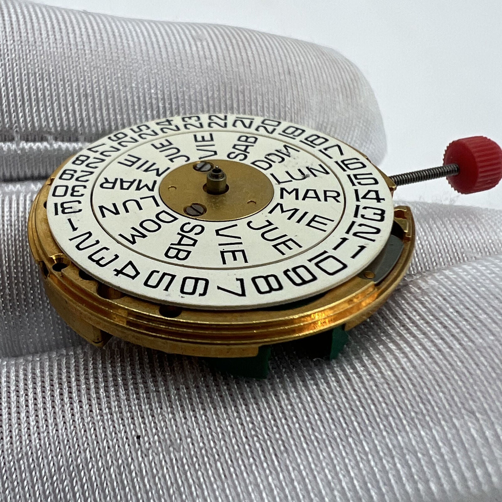 ESA9183 quartz movement with double calendar and three hands, Swiss precision for premium watch accessories.