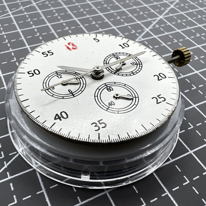 Dandong 7750 mechanical watch movement showing small seconds at 3, 6, and 9 o?clock without calendar.
