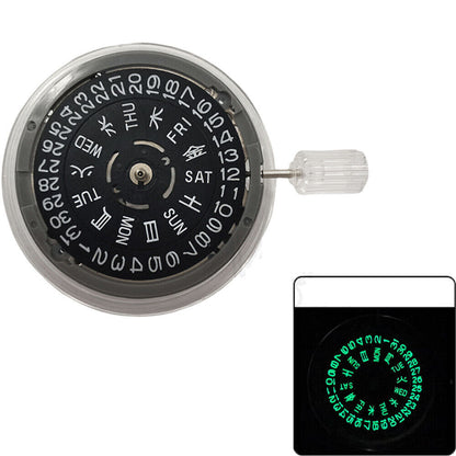 Miyota NH36A black watch movement with green lume, three crown positions for accurate time adjustment.