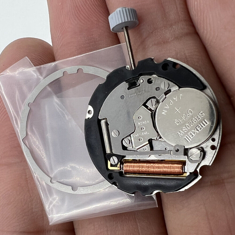 Ronda 705 Swiss quartz watch movement with black date wheel, date display at 3 o?clock for precise timekeeping.