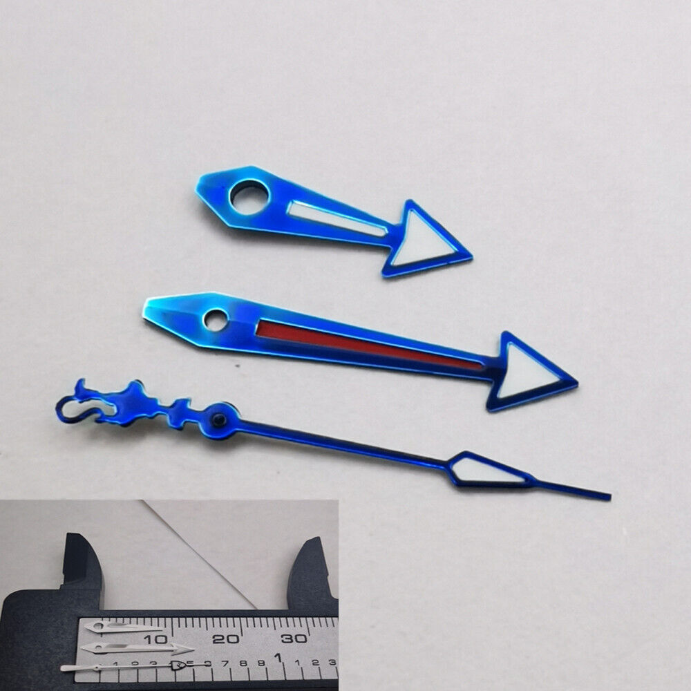 Arrow-shaped blue-trimmed green luminous watch hands compatible with NH35/36 movement.
