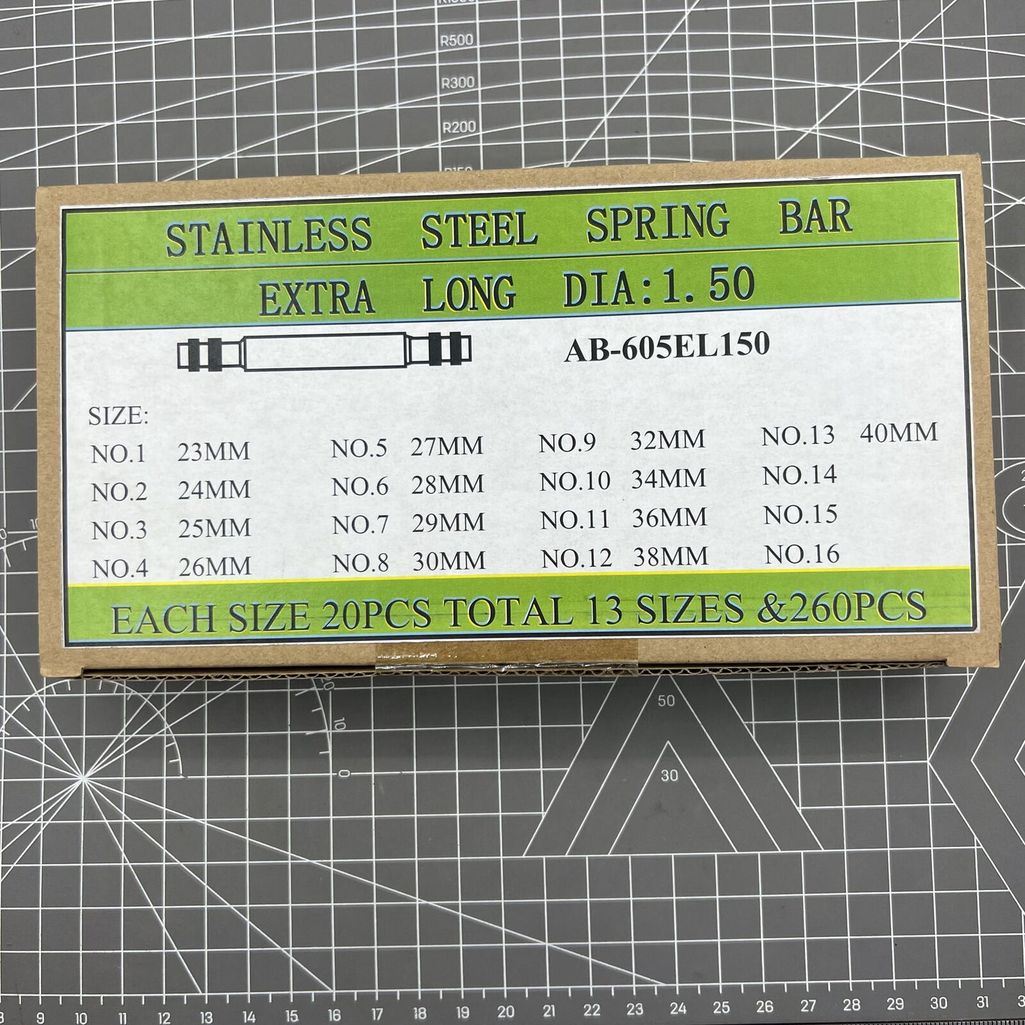 Set of 260 AB-605EL150 stainless steel extra long spring bars, 1.5mm diameter for watch straps.