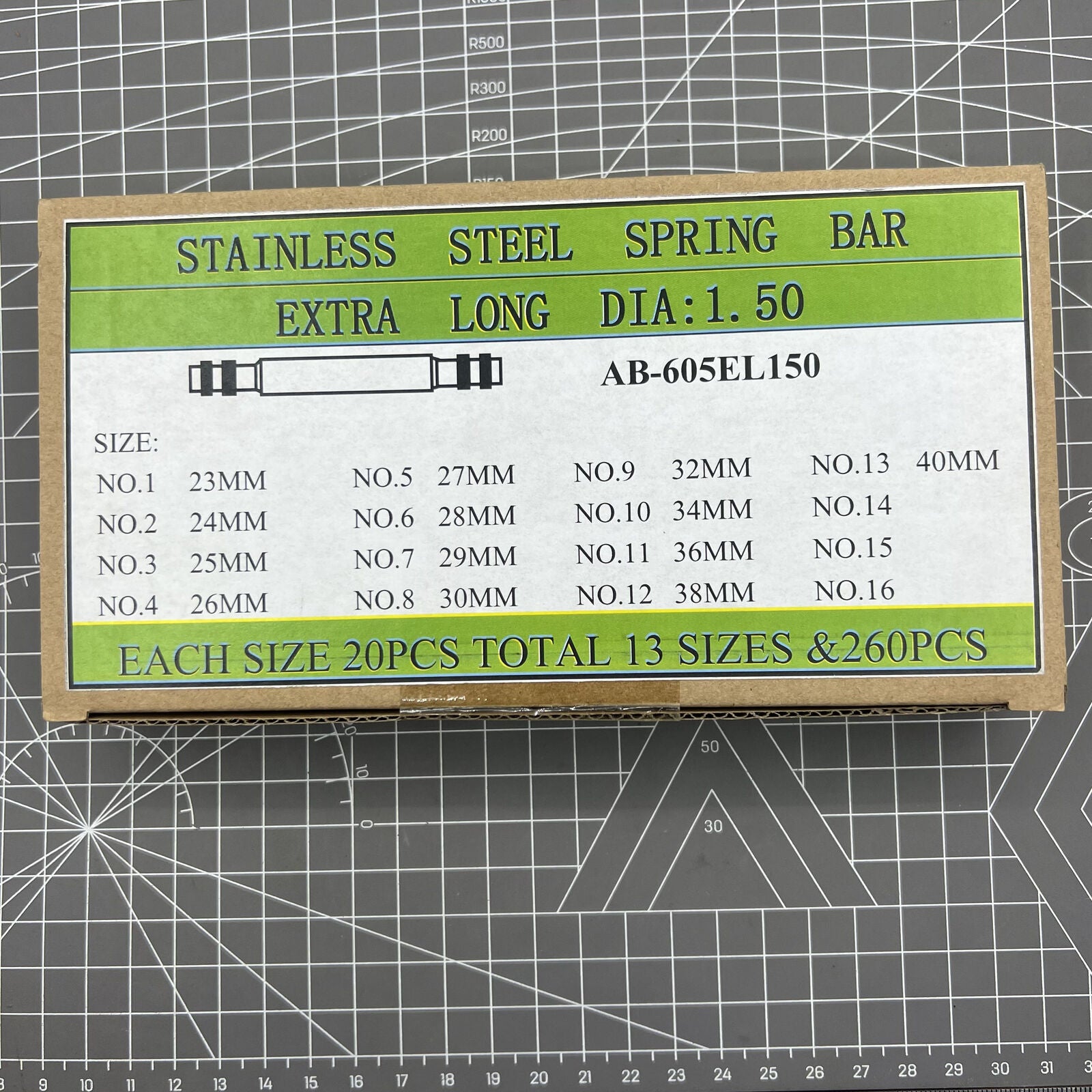 Set of 260 AB-605EL150 stainless steel extra long spring bars, 1.5mm diameter for watch straps.