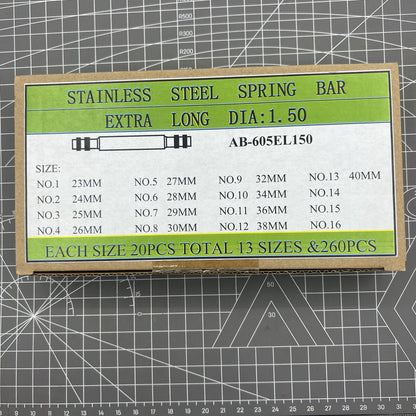 Set of 260 AB-605EL150 stainless steel extra long spring bars, 1.5mm diameter for watch straps.