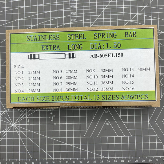 Set of 260 AB-605EL150 stainless steel extra long spring bars, 1.5mm diameter for watch straps.