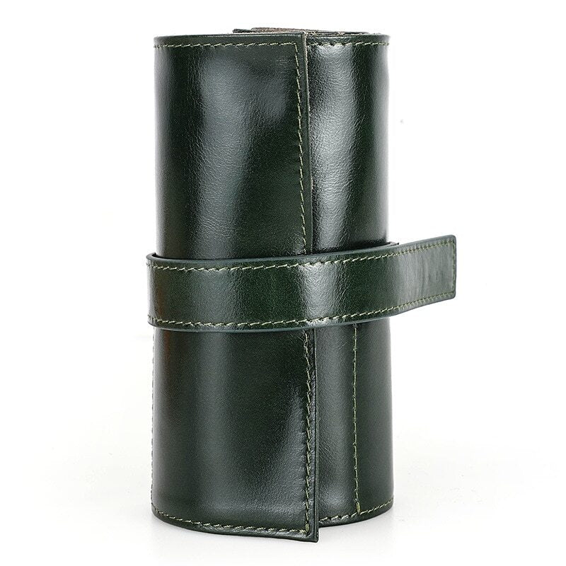 Handmade leather watch box with 6 slots for men, portable roll pouch, stylish and durable storage.