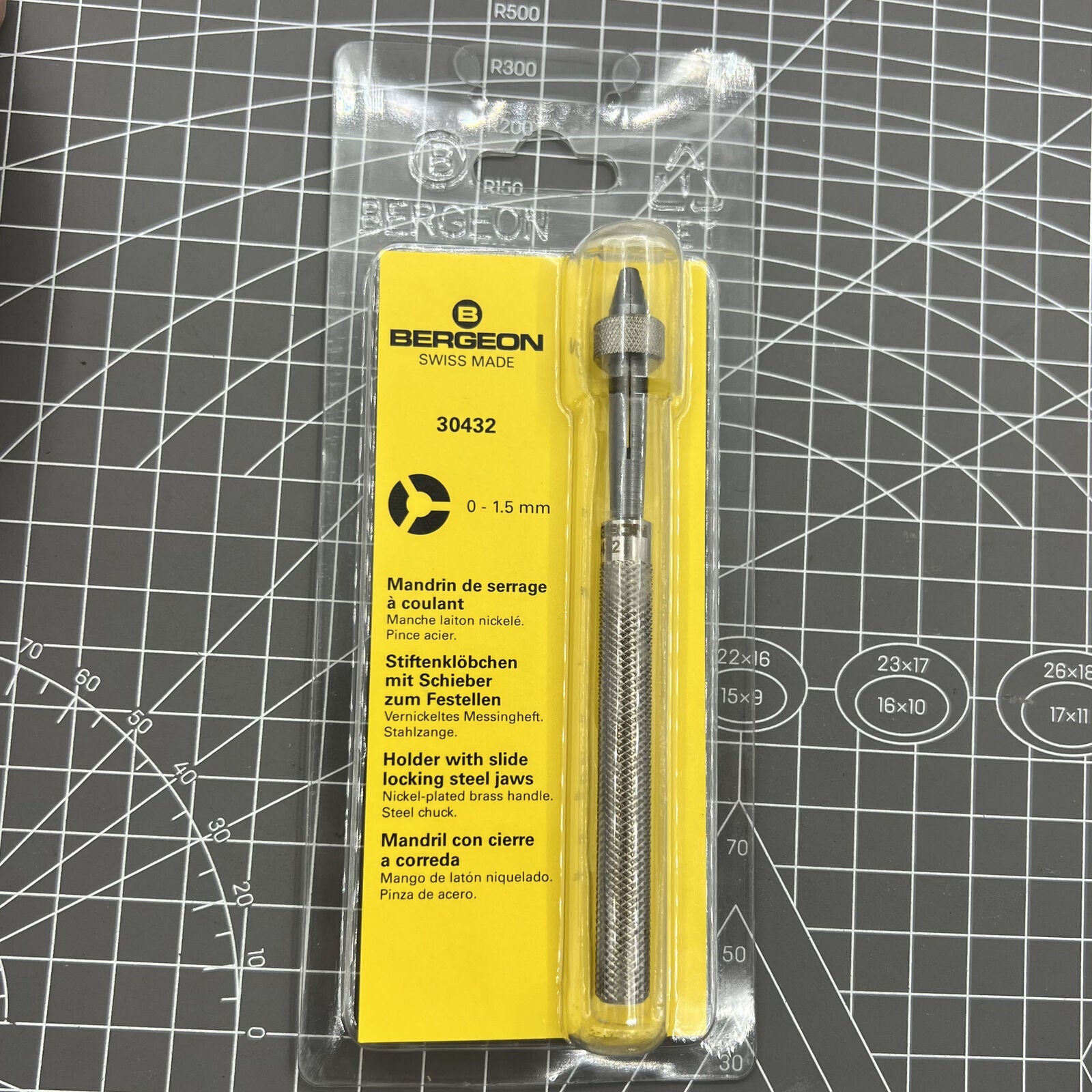 Bergeon 30432 pin vice with slide lock, securely holding drills and broaches for precise watchmaking.