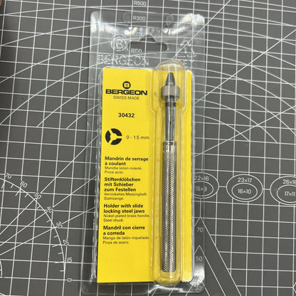 Bergeon 30432 pin vice with slide lock, securely holding drills and broaches for precise watchmaking.