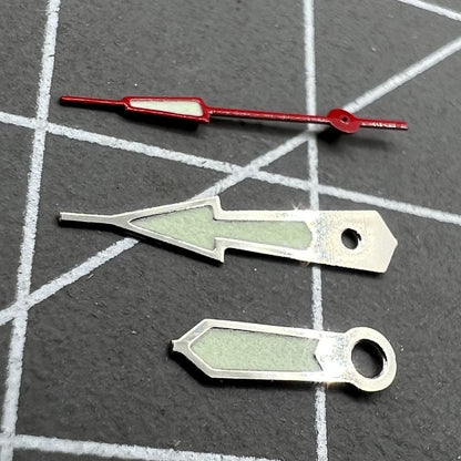 Silver-trimmed 14mm green lume watch hands set for Miyota 2035 with precision design.