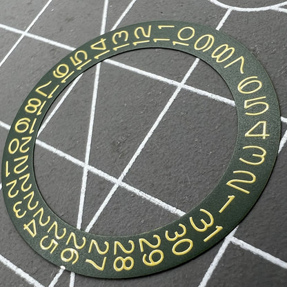 Dark hunter green date wheel with peach yellow font, compatible with Miyota NH35 NH36 movements, watch accessory.