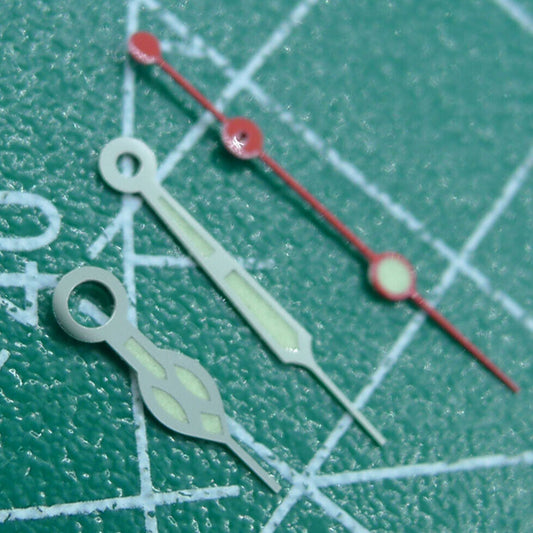 Green lume watch hands with silver trim, 12.5mm, designed for NH35 NH36 movements, ideal for watch repairs.