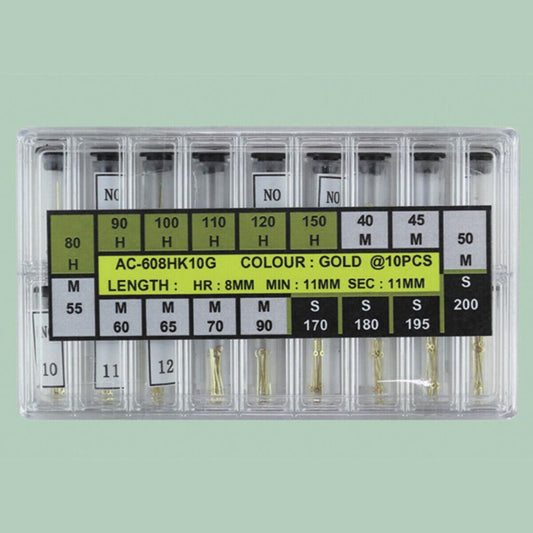 Golden watch hands set with 18 sizes for hour, minute, and second, perfect for watch parts and repairs.