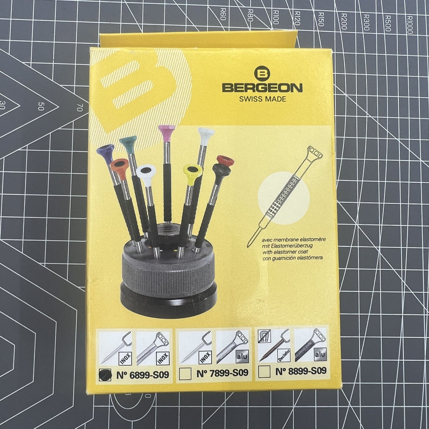Bergeon 6899-S09 Swiss Made stainless steel 9-piece ergonomic screwdriver set for watch repair.
