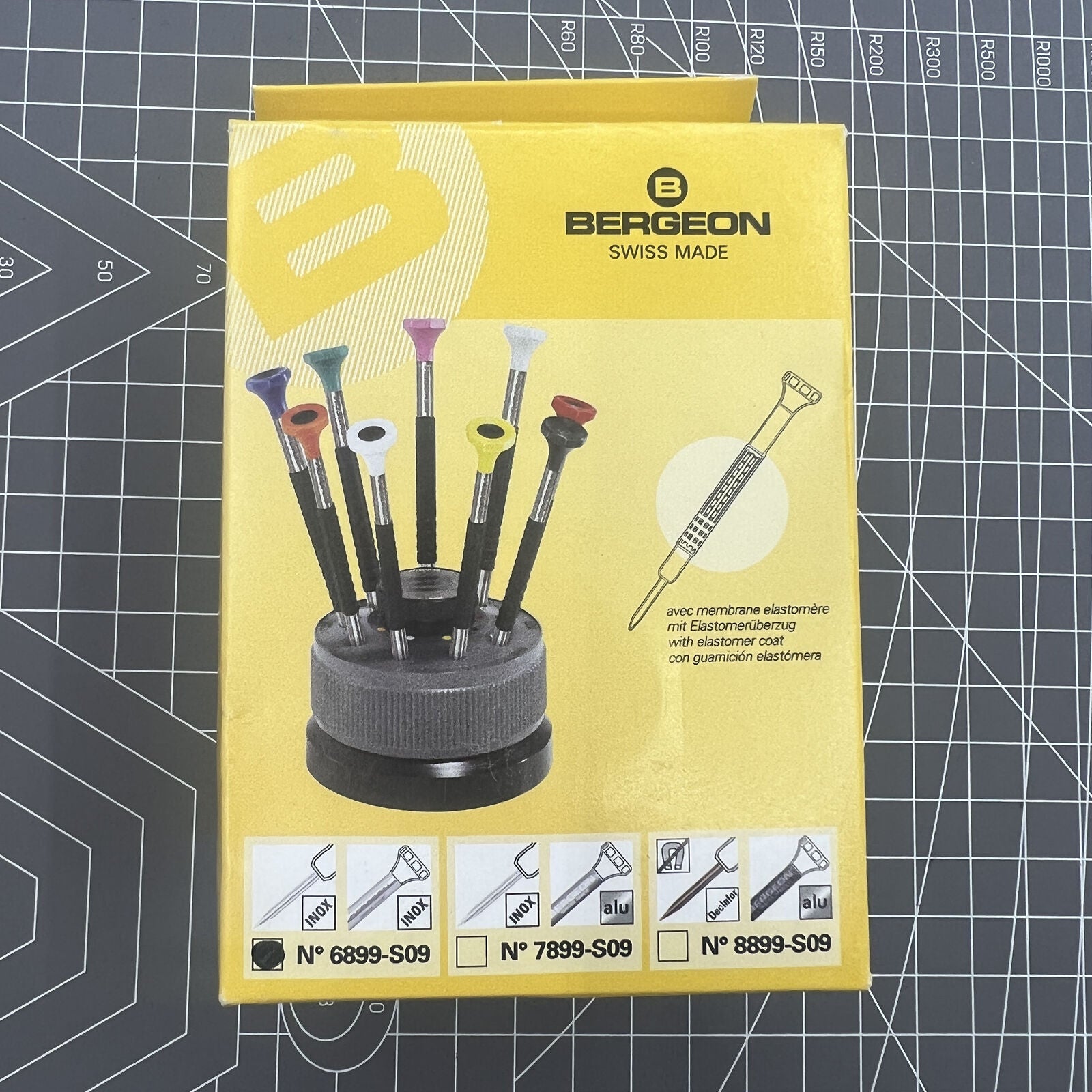 Bergeon 6899-S09 Swiss Made stainless steel 9-piece ergonomic screwdriver set for watch repair.