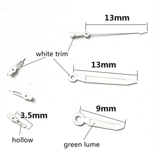 Silver trim green lume watch hands for Epson VD53 VD54 VD57 movement, luminous and precise design.