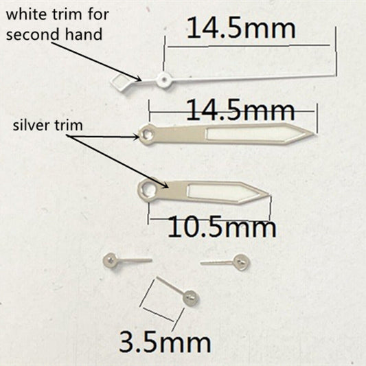 Silver 14.5mm luminous watch hands with white trim, compatible with VD53 VD54 VD57 movements.