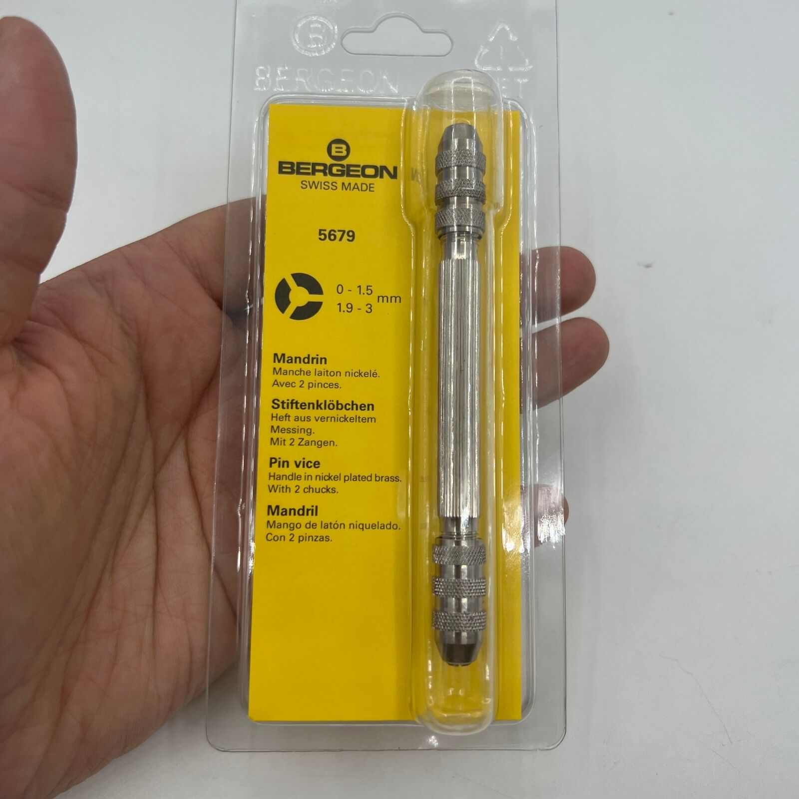 Swiss Bergeon 5679 Pin Vice watchmaker tool with adjustable openings 0-1.5mm and 1.9-3mm for precise watch repairs.