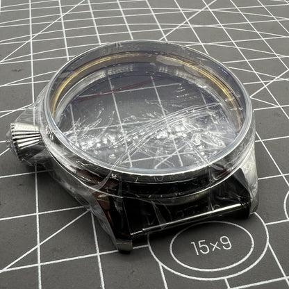 44mm stainless steel watch case compatible with Seagull ST3600 and ETA 6497 movements, durable design.