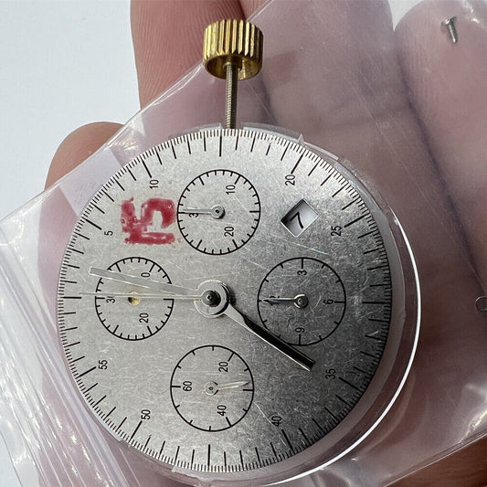 Asian 7750 chronograph movement with white dial, single calendar at 4:30, and seconds subdial at 9, ETA 7750 style.