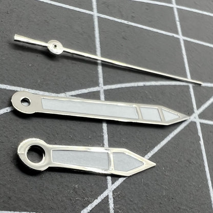 Silver 15.7mm watch hands with white paint and silver trim for Miyota 2315, 2035, 2036, 2115, 2305 movements.