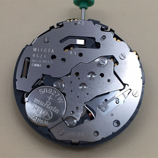 Miyota OS21 quartz watch movement with small seconds at 3 and 9, single calendar at 6, precise timekeeping accessory.