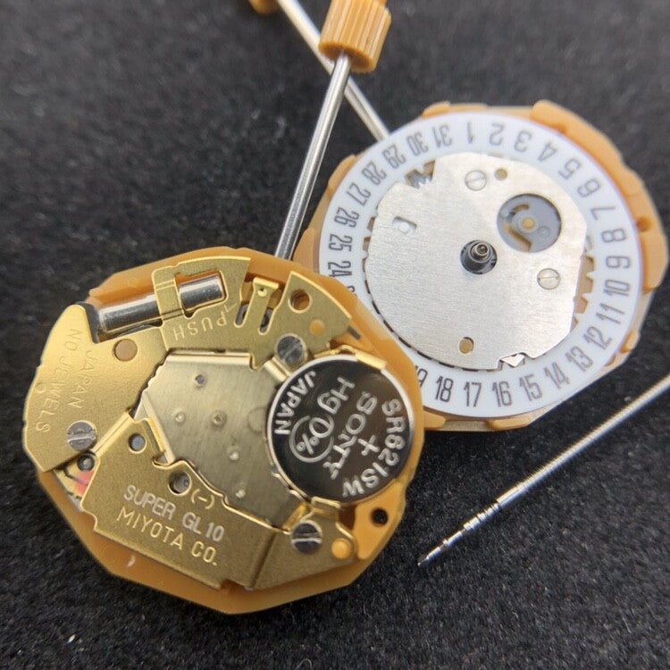 Miyota GL10 Japan quartz watch movement with date display positioned at 6 o'clock for precision timekeeping