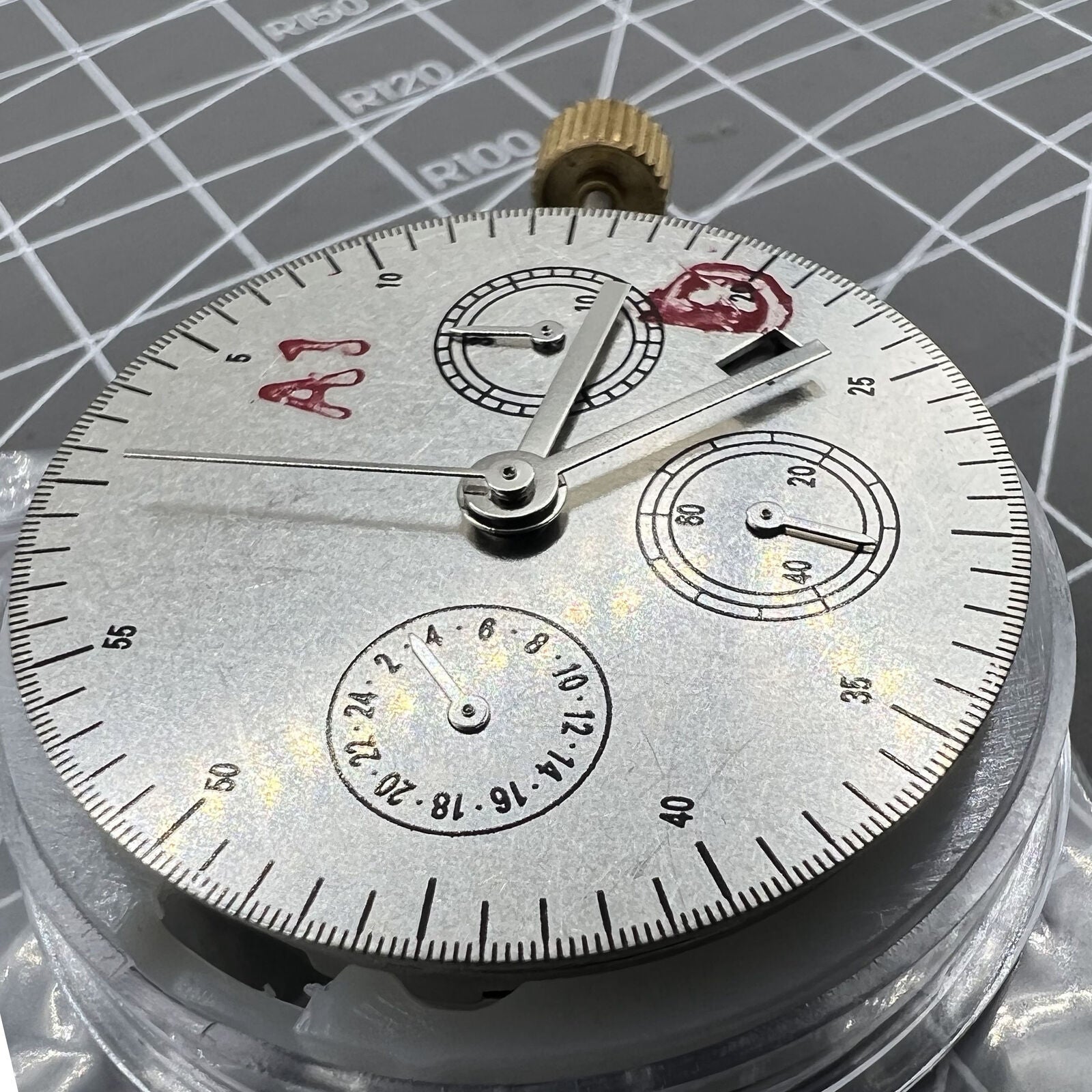 Automatic chronograph watch with ETA 7753 movement and small seconds dial at 6 o?clock.