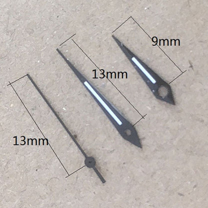 Black trim luminous watch hands for Miyota 2035 quartz movement, ideal for precise timekeeping accessories.