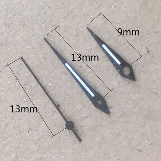 Black trim luminous watch hands for Miyota 2035 quartz movement, ideal for precise timekeeping accessories.