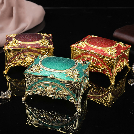 #0319 Retro Rose Green/Red Rectangle Jewelry Box Trinkets Chest Jewelry Case