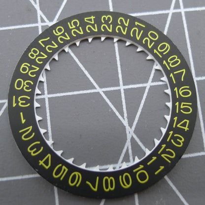 Yellow font date disk wheel on black background for NH35 watch movement by Seiko.