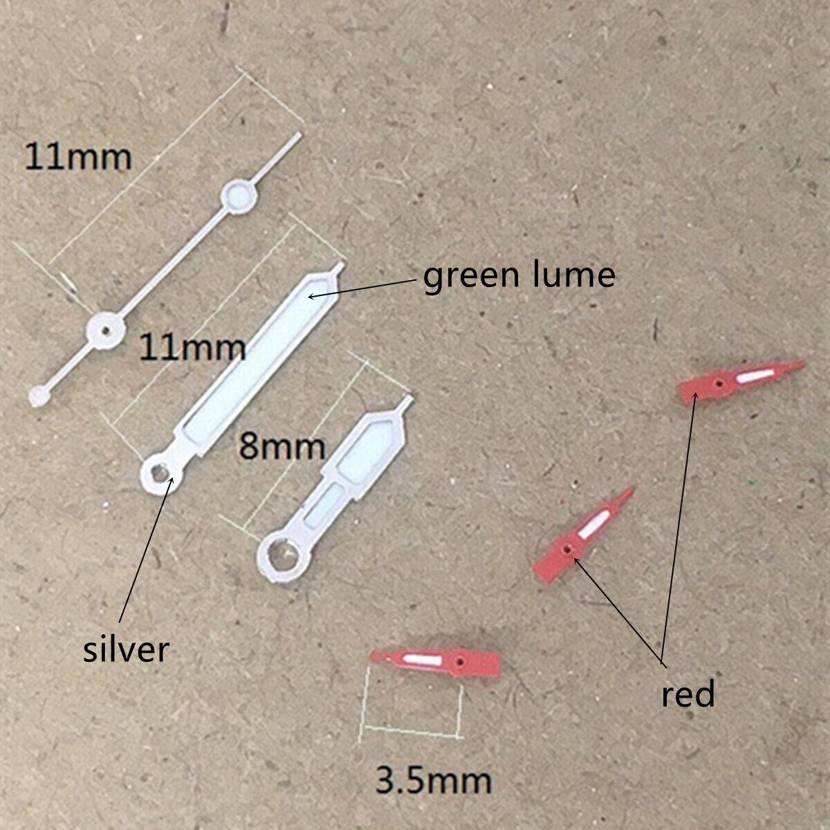 Aiguilles de montre luminescentes vertes argentées et rouges 11 x 11 x 8 mm pour mouvement VD53, VD54 et VD57