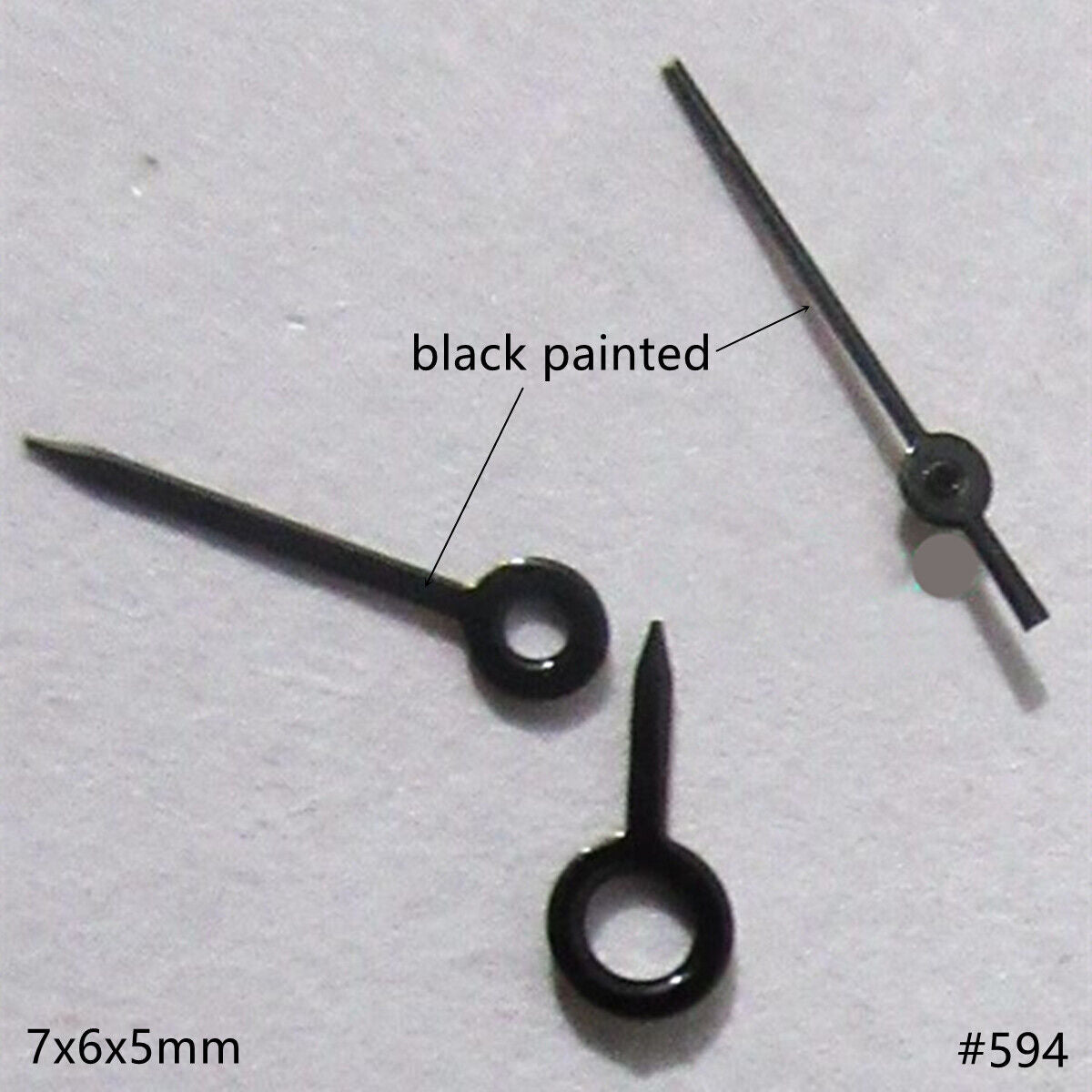 Black 7mm watch hands set for Miyota 2035, 2115, 2105, and 2305 movements with painted finish.