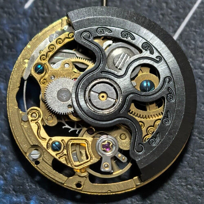 Golden hollow automatic mechanical watch part with black rotor, precision movement for watch repair, China Made brand.