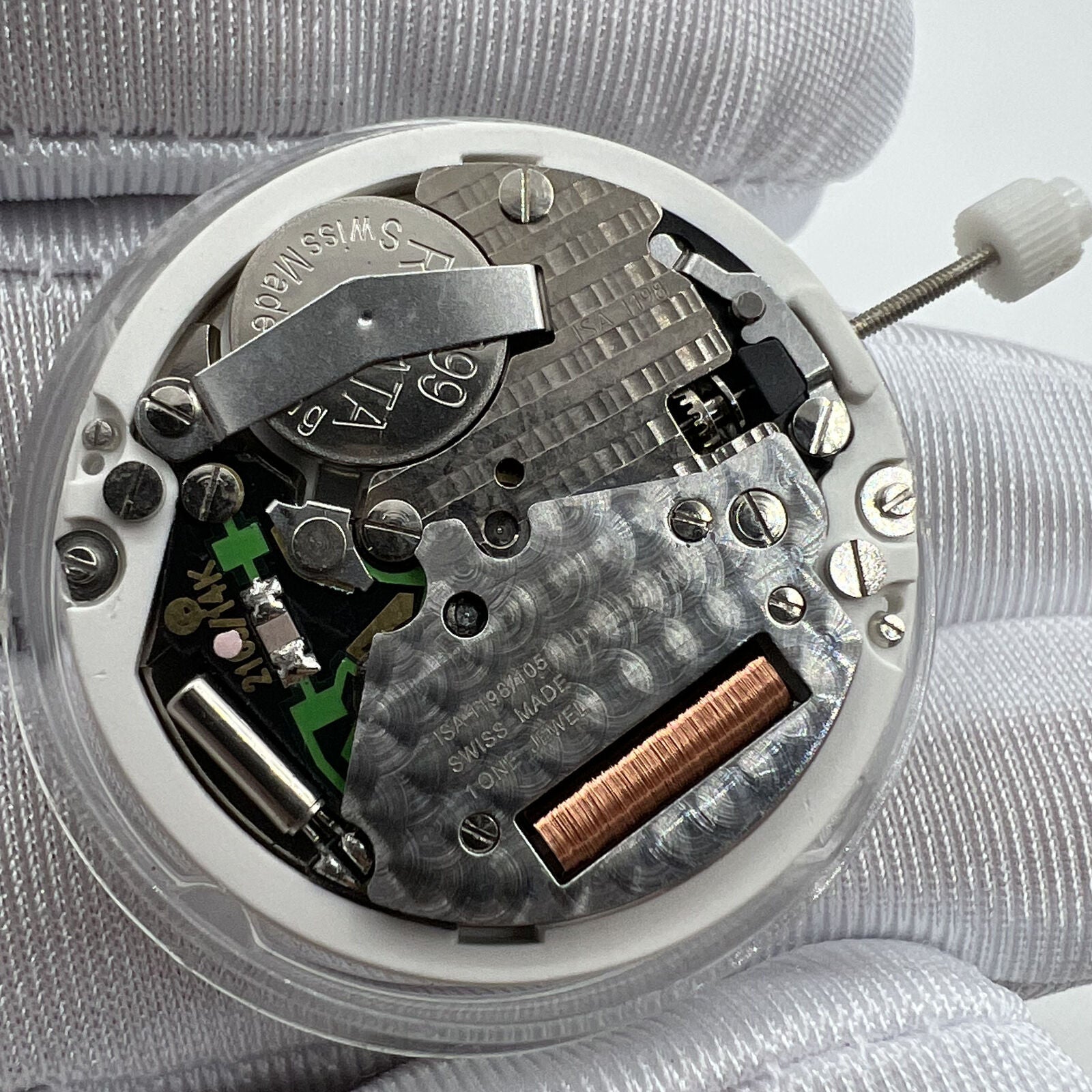 White dial ISA 1198 quartz watch movement with day-date function at 3, perfect replacement part.