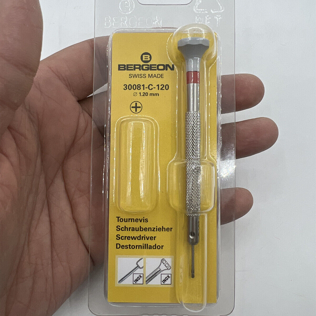 Bergeon 30081-C-120 ergonomic 1.20mm Phillips screwdriver for precise watch accessory repairs.