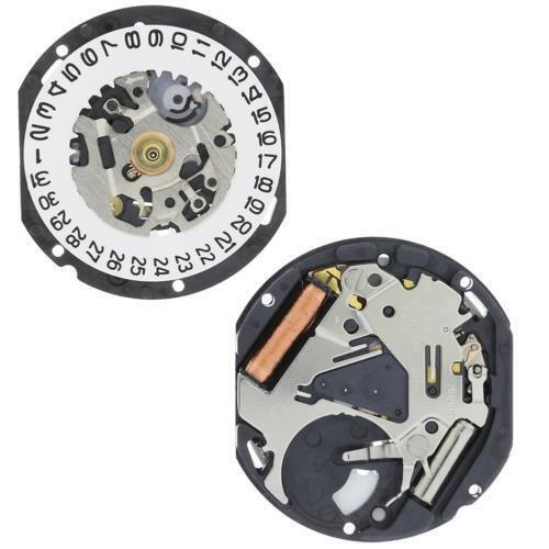 Hattori Epson VX12E quartz watch movement showing date window at 3 o'clock, Japan made precision.